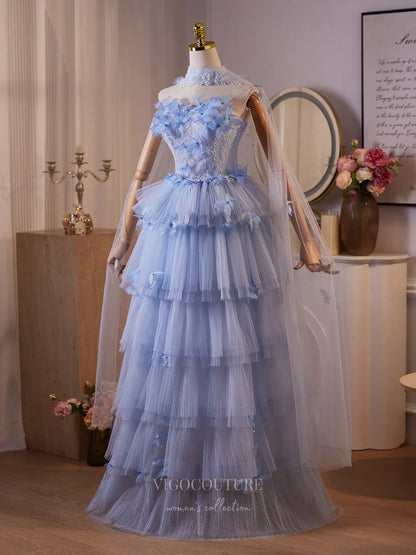 Prom Dresses 2025 to impress Dreamy Light Blue 3D Butterfly Evening Gown with Sheer Beaded Bodice, Tiered Pleated Tulle Skirt & Removable Sheer Cape – BJ097-vigocouture-vigocouture