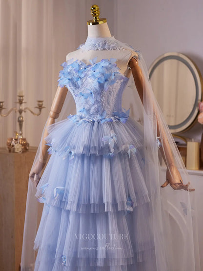 Prom Dresses 2025 to impress Dreamy Light Blue 3D Butterfly Evening Gown with Sheer Beaded Bodice, Tiered Pleated Tulle Skirt & Removable Sheer Cape – BJ097-vigocouture-vigocouture