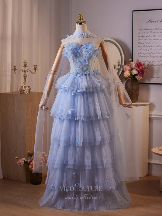 Dreamy Light Blue 3D Butterfly Evening Gown with Sheer Beaded Bodice, Tiered Pleated Tulle Skirt & Removable Sheer Cape – BJ097