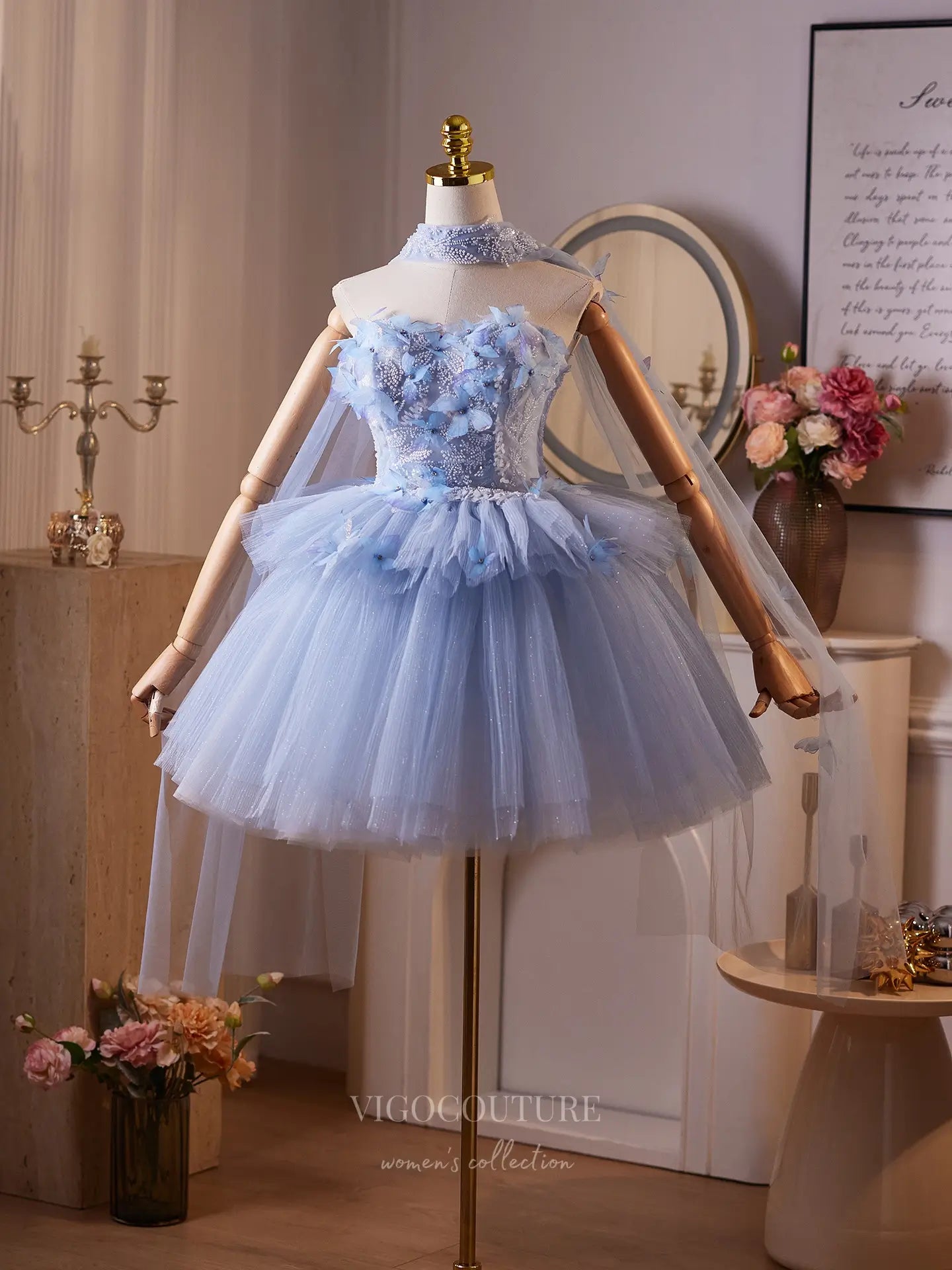 Dreamy Light Blue Butterfly Homecoming Dress with Beaded Bodice, Layered Tulle Skirt & Sheer Shawl – 26008