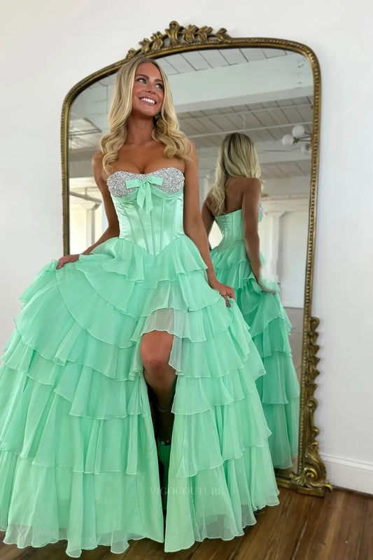 Prom Dresses 2025 to impress Dreamy Strapless Tiered Ruffle Prom Dress with Rhinestone Bustier & Front Slit – 26152-vigocouture-Mint-US 0-vigocouture