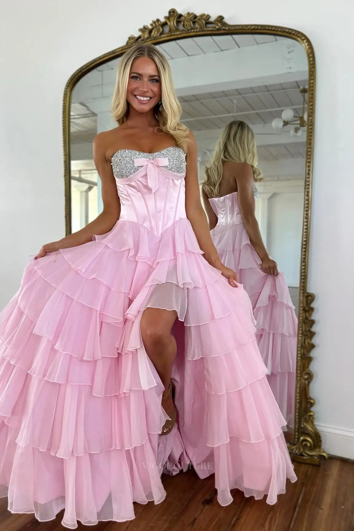 Prom Dresses 2025 to impress Dreamy Strapless Tiered Ruffle Prom Dress with Rhinestone Bustier & Front Slit – 26152-vigocouture-Pink-US 0-vigocouture