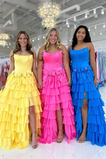 Prom Dresses 2025 to impress Dreamy Tiered Ruffle Prom Dress with Corset Bodice, Bow Detail and High Slit – 26157-vigocouture-Custom Colors(Add Note in Cart)-US 0-vigocouture
