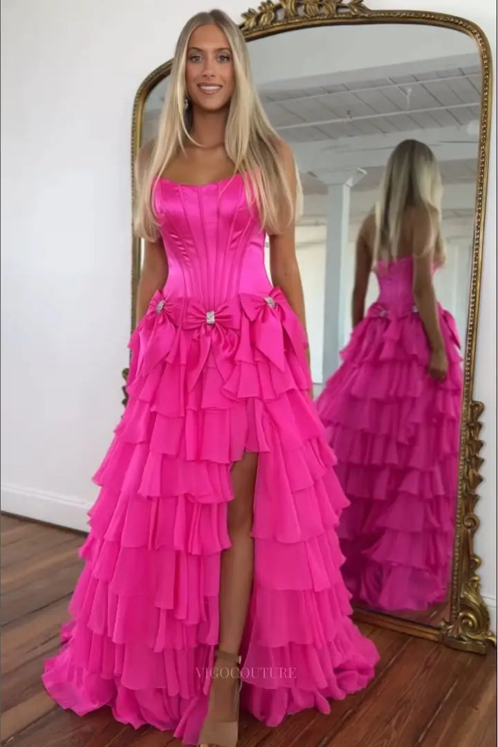 Prom Dresses 2025 to impress Dreamy Tiered Ruffle Prom Dress with Corset Bodice, Bow Detail and High Slit – 26157-vigocouture-Fuchsia-US 0-vigocouture