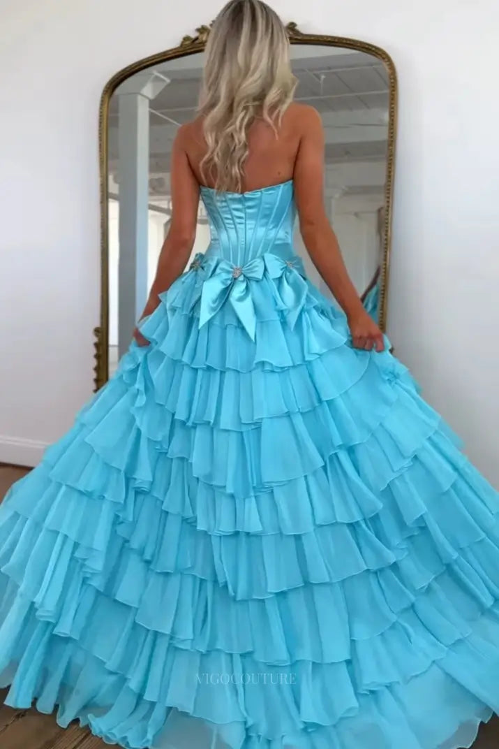 Prom Dresses 2025 to impress Dreamy Tiered Ruffle Prom Dress with Corset Bodice, Bow Detail and High Slit – 26157-vigocouture-vigocouture