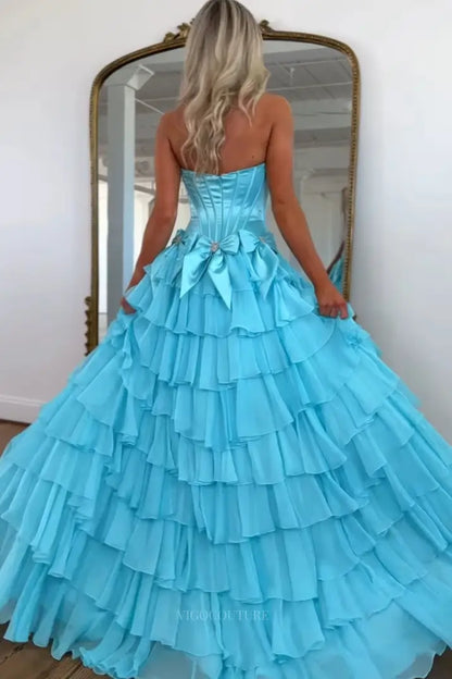 Prom Dresses 2025 to impress Dreamy Tiered Ruffle Prom Dress with Corset Bodice, Bow Detail and High Slit – 26157-vigocouture-vigocouture