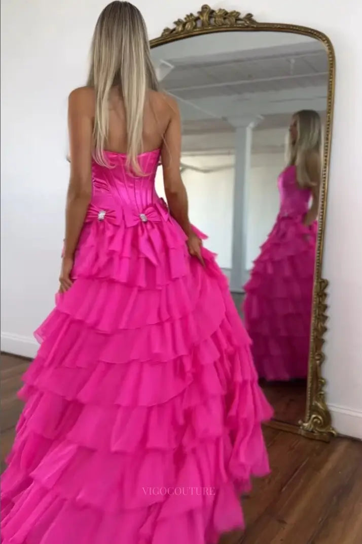 Prom Dresses 2025 to impress Dreamy Tiered Ruffle Prom Dress with Corset Bodice, Bow Detail and High Slit – 26157-vigocouture-vigocouture