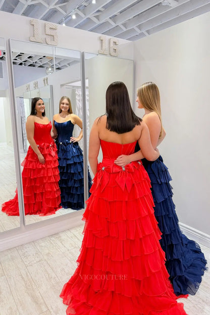 Prom Dresses 2025 to impress Dreamy Tiered Ruffle Prom Dress with Corset Bodice, Bow Detail and High Slit – 26157-vigocouture-vigocouture