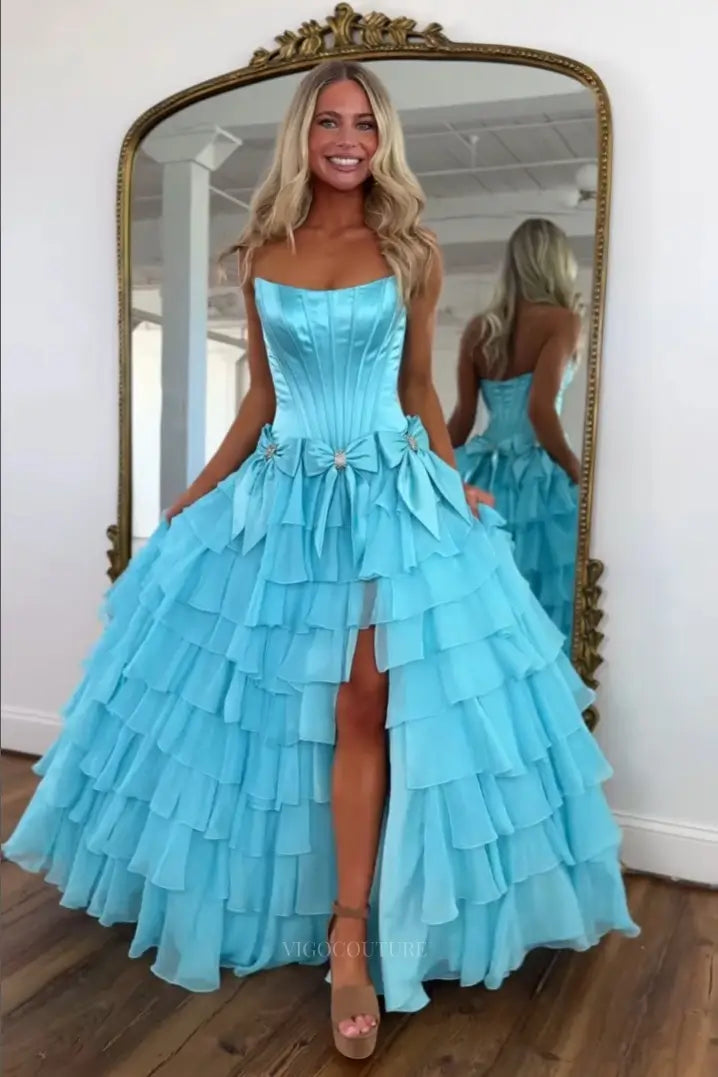 Prom Dresses 2025 to impress Dreamy Tiered Ruffle Prom Dress with Corset Bodice, Bow Detail and High Slit – 26157-vigocouture-Light Blue-US 0-vigocouture