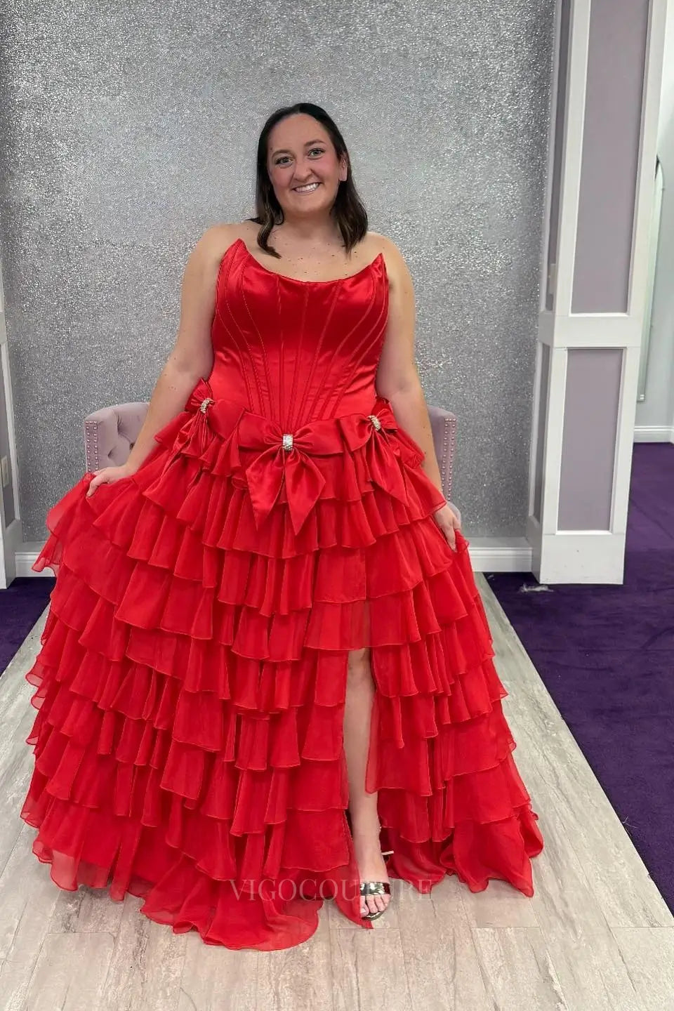 Prom Dresses 2025 to impress Dreamy Tiered Ruffle Prom Dress with Corset Bodice, Bow Detail and High Slit – 26157-vigocouture-Red-US 0-vigocouture