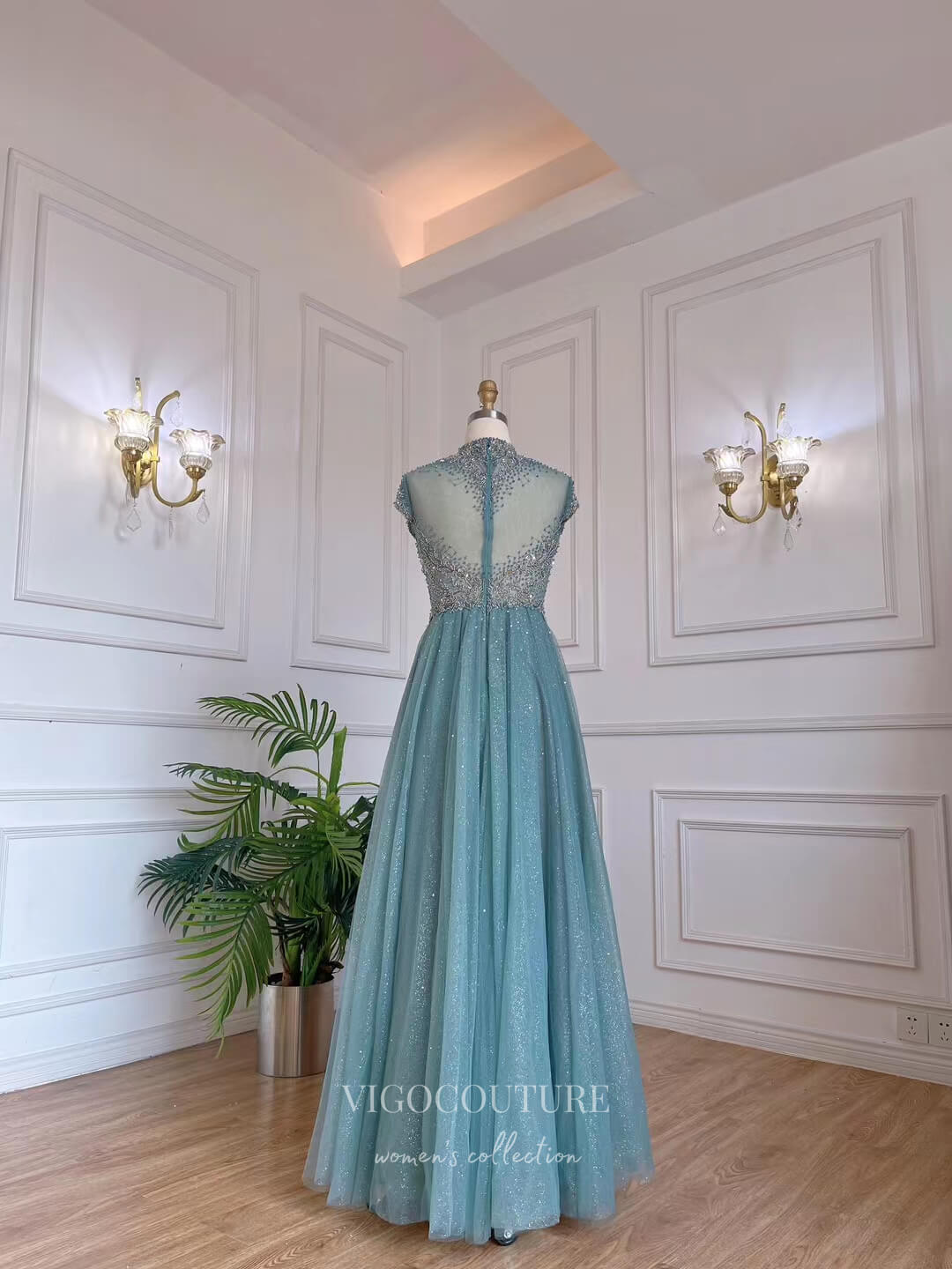 Prom Dress 2025 Dusty Blue Beaded High Neck Prom Dresses Cap Sleeve Mother of the Bride Dresses 22129-unique elegant Prom Dresses-Dusty Blue-US2-vigocouture