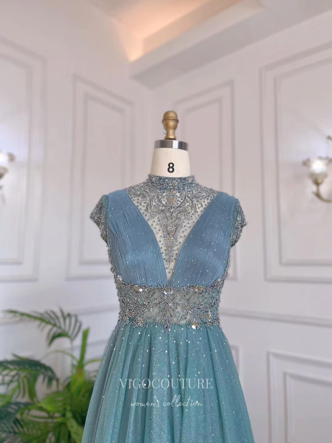 Prom Dress 2025 Dusty Blue Beaded High Neck Prom Dresses Cap Sleeve Mother of the Bride Dresses 22129-unique elegant Prom Dresses-Dusty Blue-US2-vigocouture