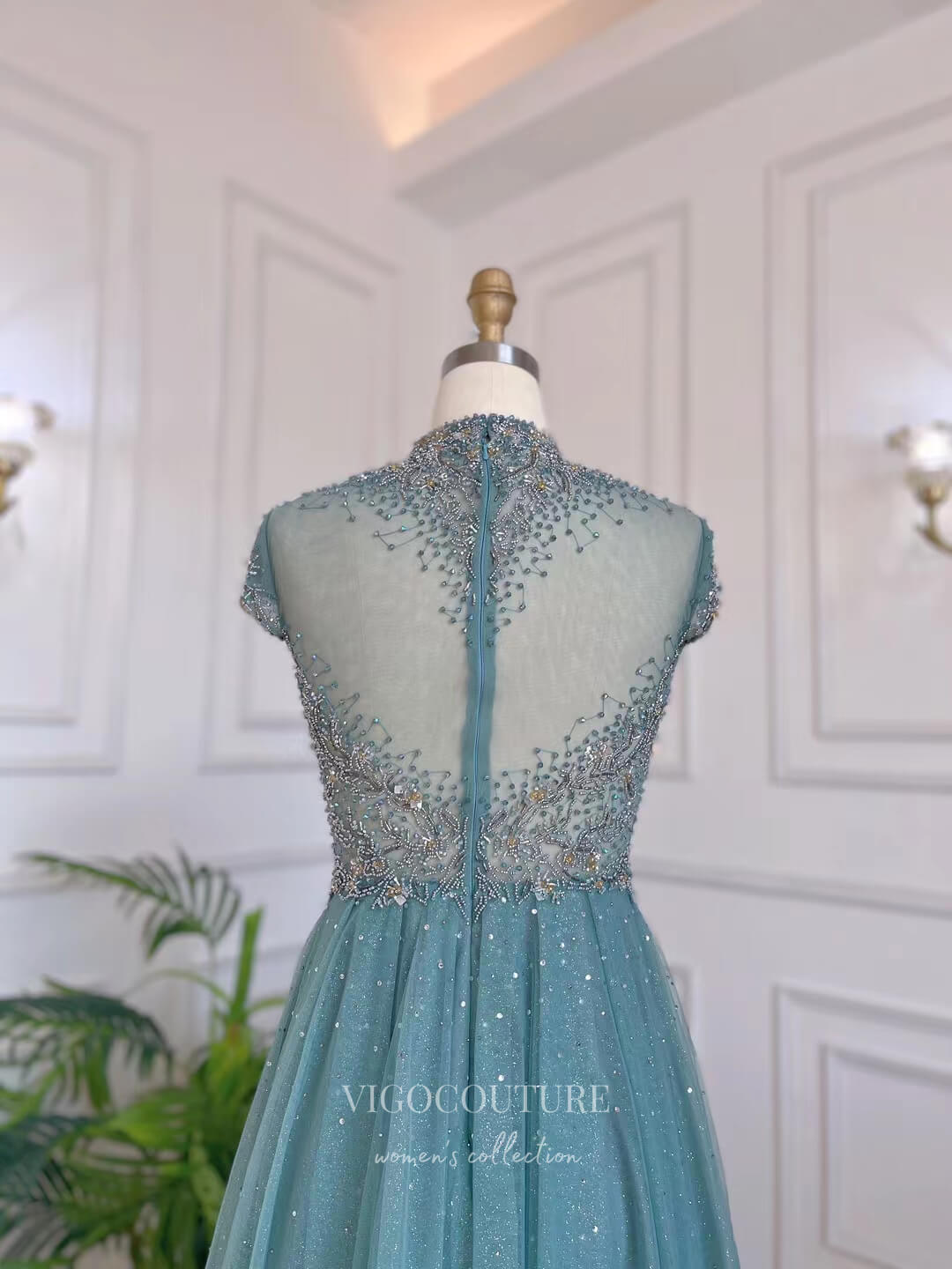 Prom Dress 2025 Dusty Blue Beaded High Neck Prom Dresses Cap Sleeve Mother of the Bride Dresses 22129-unique elegant Prom Dresses-Dusty Blue-US2-vigocouture