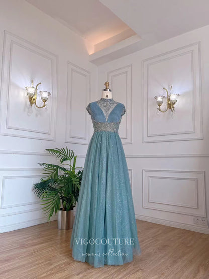 Dusty Blue Beaded High Neck Prom Dresses Cap Sleeve Mother of The Bride Dresses 22129 Dusty Blue / US4 Dusty Blue Beaded High Neck Prom Dresses Cap Sleeve Mother of The Bride Dresses 22129 Dusty Blue / US4