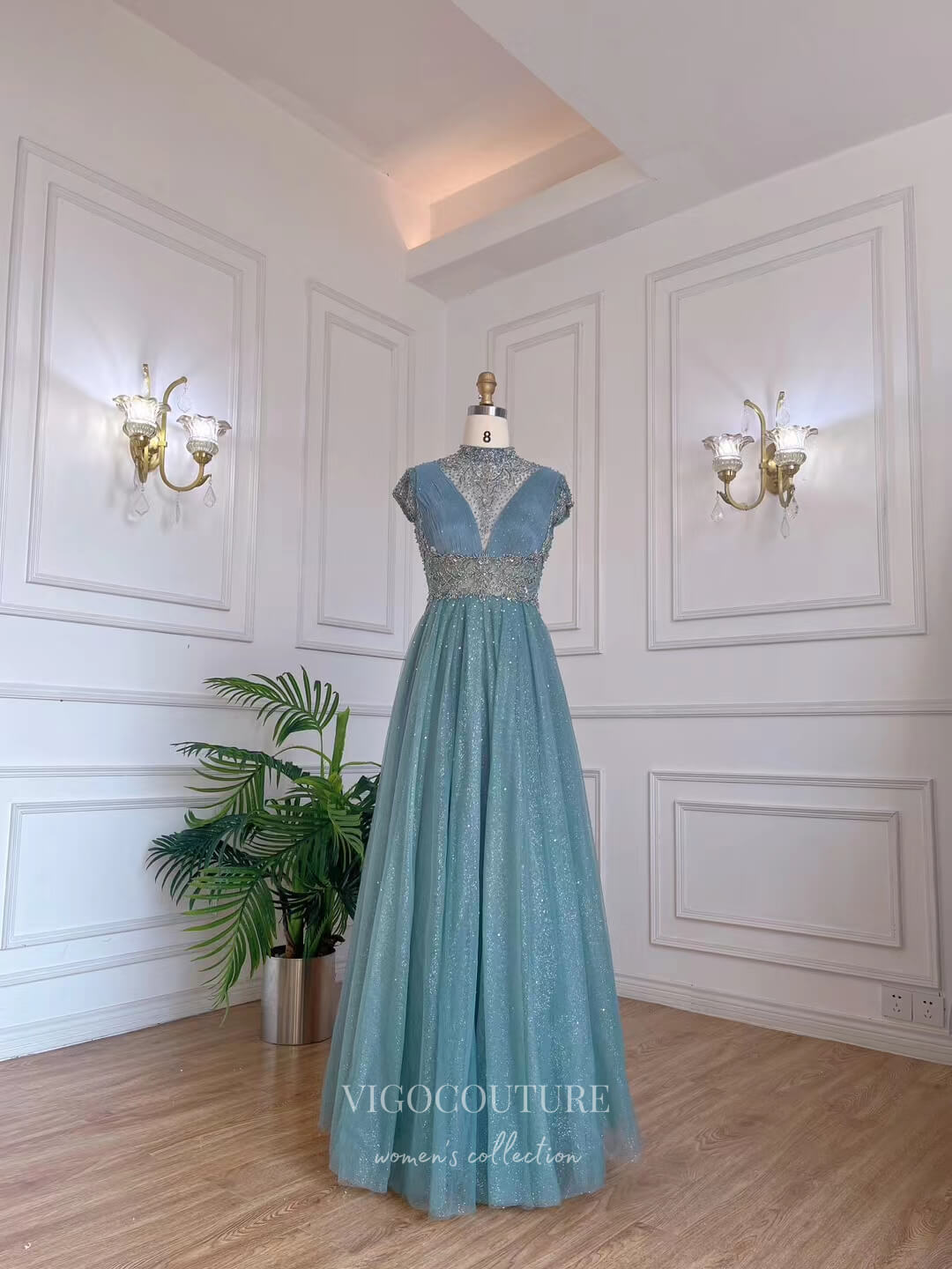 Prom Dress 2025 Dusty Blue Beaded High Neck Prom Dresses Cap Sleeve Mother of the Bride Dresses 22129-unique elegant Prom Dresses-Dusty Blue-US2-vigocouture