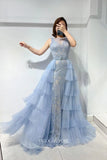 Dusty Blue Beaded Lace Applique Prom Dress with Ruffled Overskirt 22253