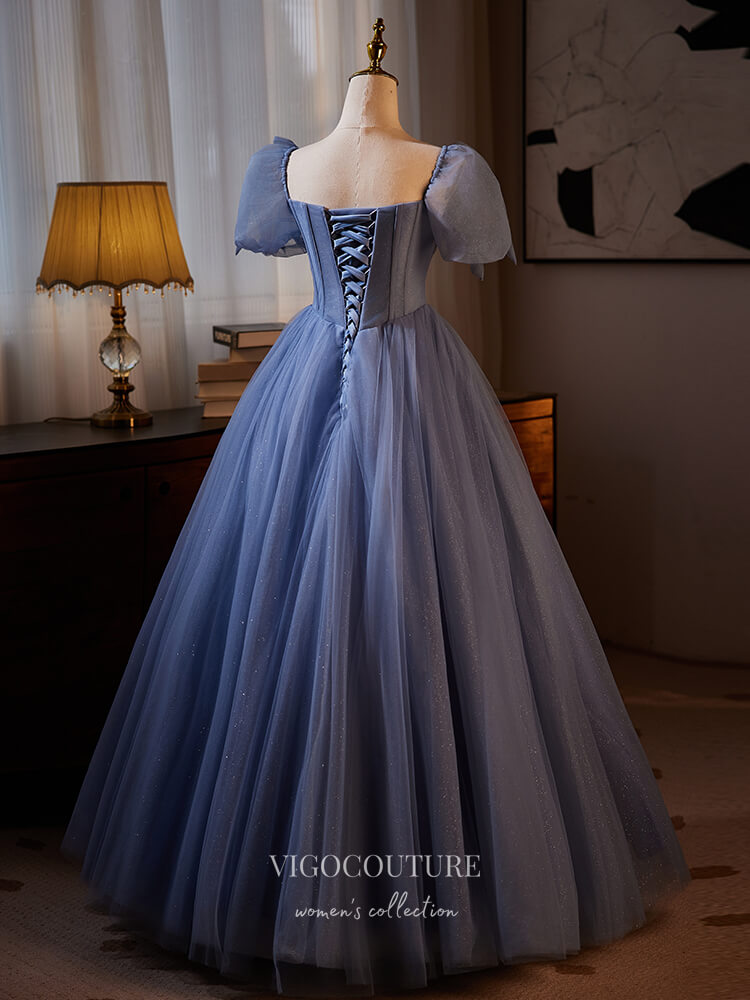 Prom Dress 2025 Dusty Blue Beaded Lace Prom Dresses Puffed Sleeve Sparkly Tulle 24392-unique elegant Prom Dresses-Dusty Blue-Custom Size-vigocouture