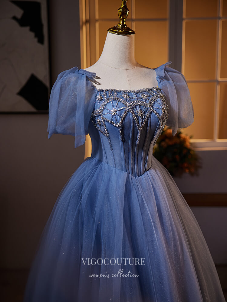 Prom Dress 2025 Dusty Blue Beaded Lace Prom Dresses Puffed Sleeve Sparkly Tulle 24392-unique elegant Prom Dresses-Dusty Blue-Custom Size-vigocouture