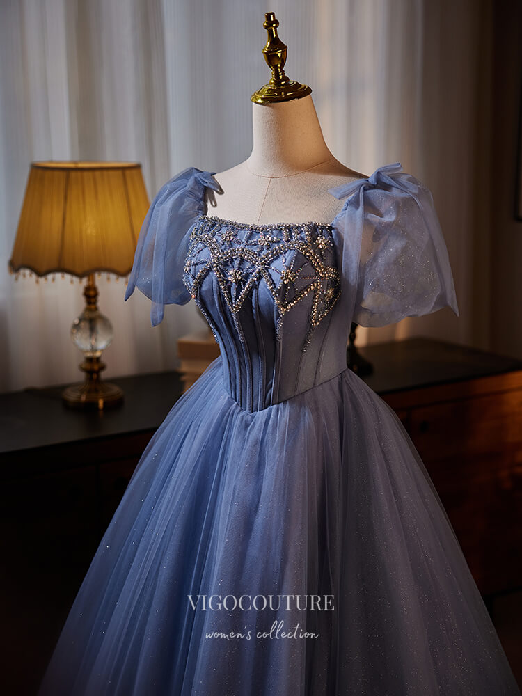 Prom Dress 2025 Dusty Blue Beaded Lace Prom Dresses Puffed Sleeve Sparkly Tulle 24392-unique elegant Prom Dresses-Dusty Blue-Custom Size-vigocouture