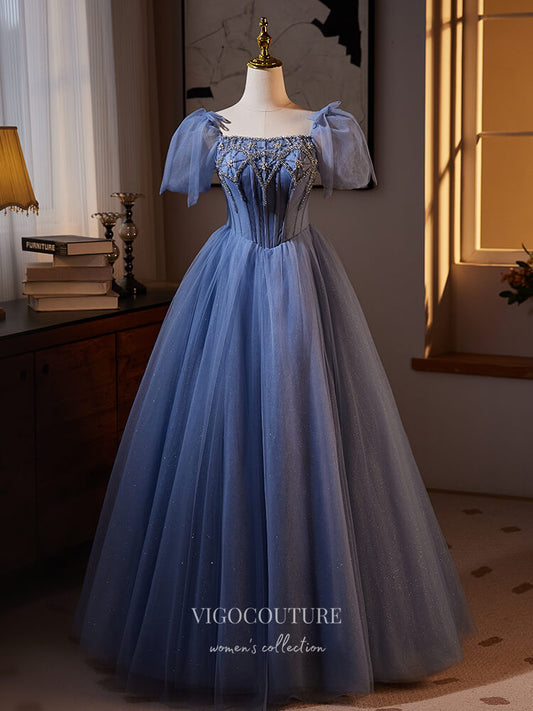 Prom Dress 2025 Dusty Blue Beaded Lace Prom Dresses Puffed Sleeve Sparkly Tulle 24392-unique elegant Prom Dresses-Dusty Blue-Custom Size-vigocouture