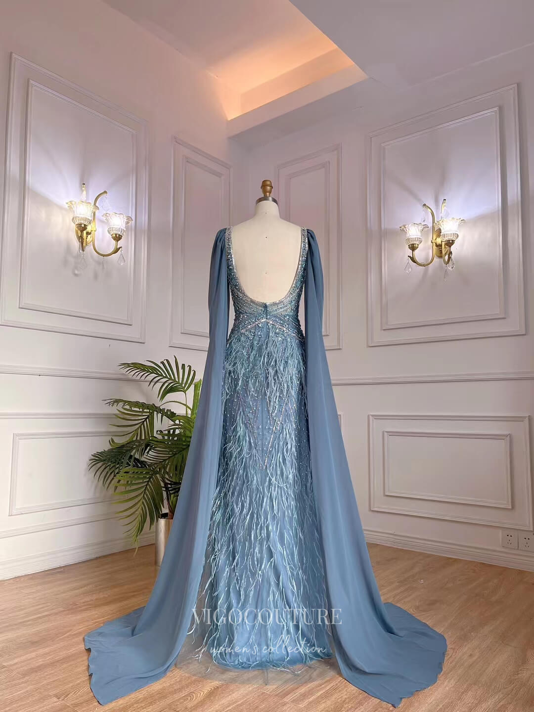 Dusty Blue Beaded Prom Dresses Cape Sleeve 1920s Pageant Dress 22127 Dusty Blue / US2 Dusty Blue Beaded Prom Dresses Cape Sleeve 1920s Pageant Dress 22127 Dusty Blue / US2