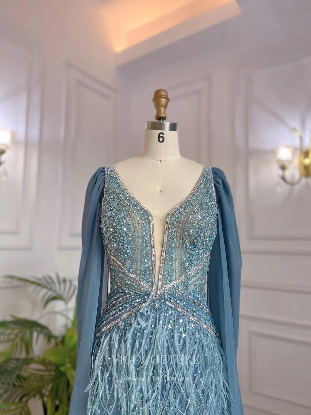 Dusty Blue Beaded Prom Dresses Cape Sleeve 1920s Pageant Dress 22127 vigocouture Dusty Blue Beaded Prom Dresses Cape Sleeve 1920s Pageant Dress 22127 vigocouture