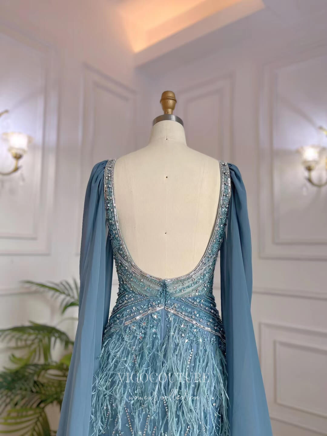 Prom Dress 2025 Dusty Blue Beaded Prom Dresses Cape Sleeve 1920s Pageant Dress 22127-unique elegant Prom Dresses-Dusty Blue-US2-vigocouture