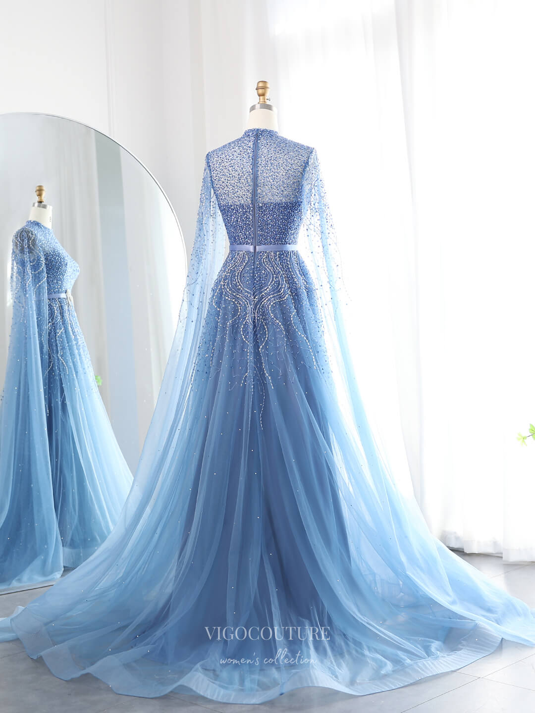 Dusty Blue Beaded Prom Dresses Extra Long Sleeve Pageant Dress 24433 Dusty Blue Beaded Prom Dresses Extra Long Sleeve Pageant Dress 24433