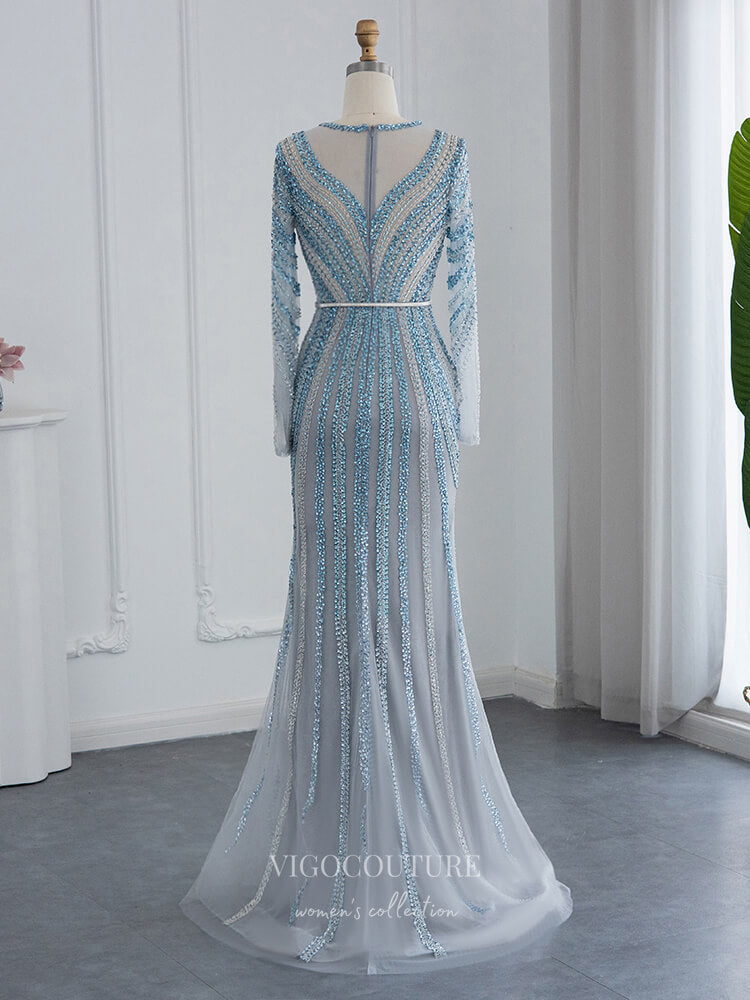 Dusty Blue Beaded Prom Dresses Long Sleeve 1920s Pageant Dress 22162 Dusty Blue / US10 Dusty Blue Beaded Prom Dresses Long Sleeve 1920s Pageant Dress 22162 Dusty Blue / US10