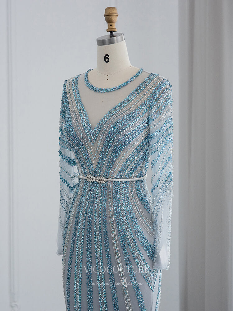 Dusty Blue Beaded Prom Dresses Long Sleeve 1920s Pageant Dress 22162 vigocouture Dusty Blue Beaded Prom Dresses Long Sleeve 1920s Pageant Dress 22162 vigocouture
