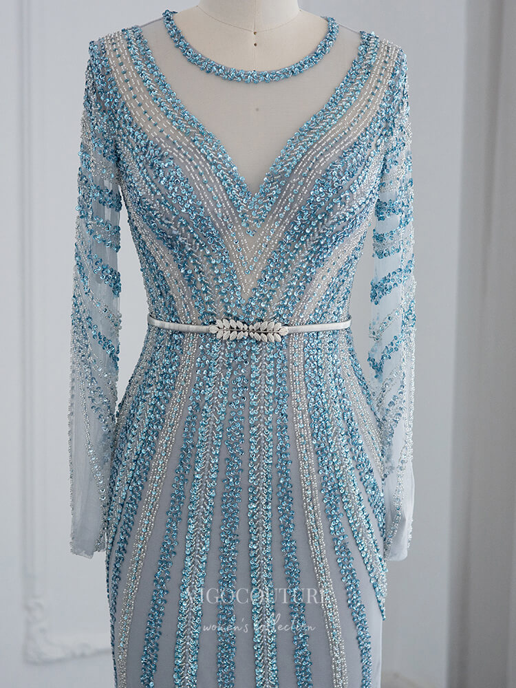 Dusty Blue Beaded Prom Dresses Long Sleeve 1920s Pageant Dress 22162 Dusty Blue / US10 Dusty Blue Beaded Prom Dresses Long Sleeve 1920s Pageant Dress 22162 Dusty Blue / US10