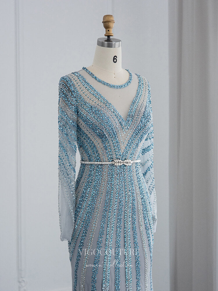 Dusty Blue Beaded Prom Dresses Long Sleeve 1920s Pageant Dress 22162 vigocouture Dusty Blue Beaded Prom Dresses Long Sleeve 1920s Pageant Dress 22162 vigocouture