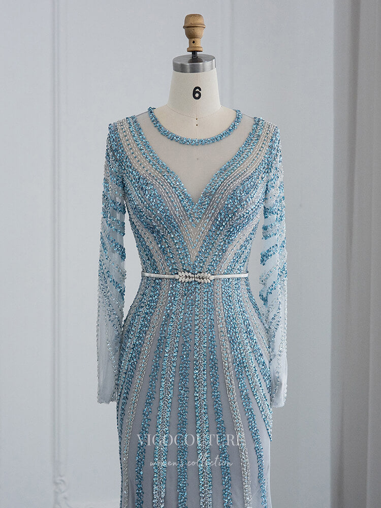 Dusty Blue Beaded Prom Dresses Long Sleeve 1920s Pageant Dress 22162 vigocouture Dusty Blue Beaded Prom Dresses Long Sleeve 1920s Pageant Dress 22162 vigocouture