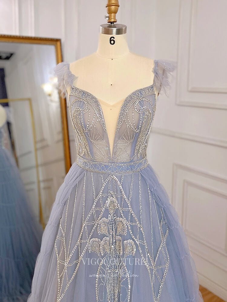 dusty blue beaded bridesmaid dresses Dusty Blue Beaded Prom Dresses Plunging V-Neck Evening Dresses 22105 Dusty Blue / US4