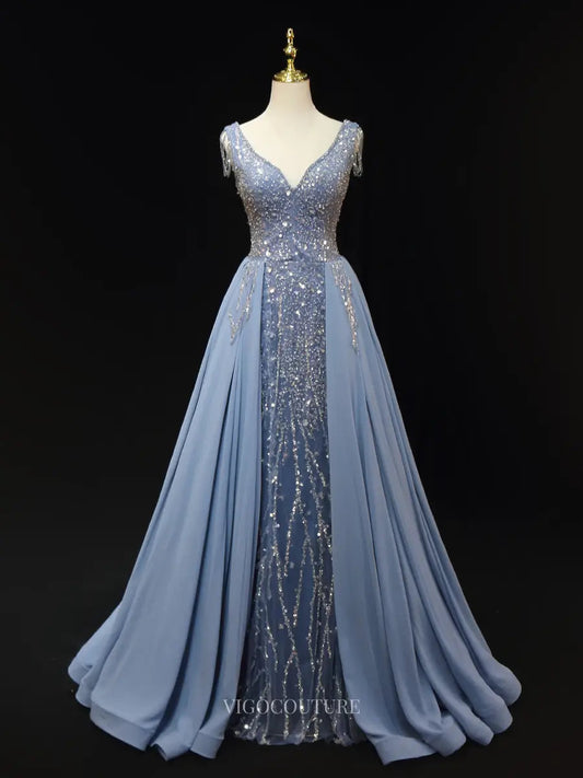 Prom Dresses 2025 to impress Dusty Blue Beaded Prom Dresses with Overskirt, V-Neck, Pageant Dresses SU056-vigocouture-Blue-Custom Size-vigocouture