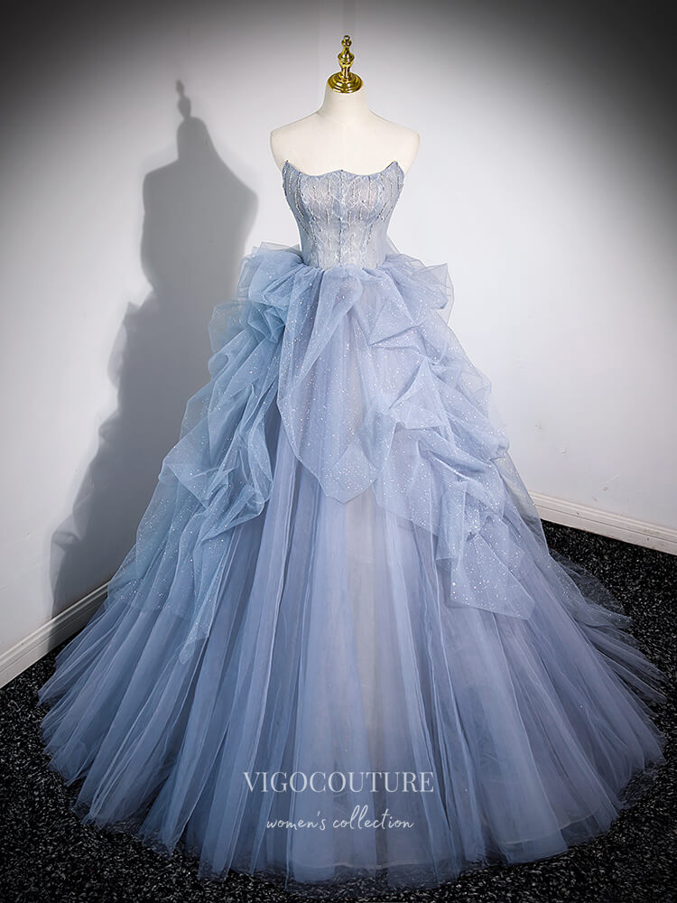 Prom Dress 2025 Dusty Blue Beaded Tulle Ruffled Prom Dresses Removable Puffed Sleeve Formal Gown 24414-unique elegant Prom Dresses-Dusty Blue-Custom Size-vigocouture