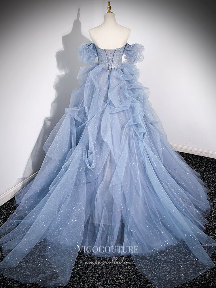 Prom Dress 2025 Dusty Blue Beaded Tulle Ruffled Prom Dresses Removable Puffed Sleeve Formal Gown 24414-unique elegant Prom Dresses-Dusty Blue-Custom Size-vigocouture