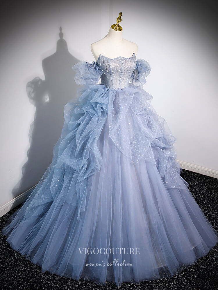 Prom Dress 2025 Dusty Blue Beaded Tulle Ruffled Prom Dresses Removable Puffed Sleeve Formal Gown 24414-unique elegant Prom Dresses-Dusty Blue-Custom Size-vigocouture