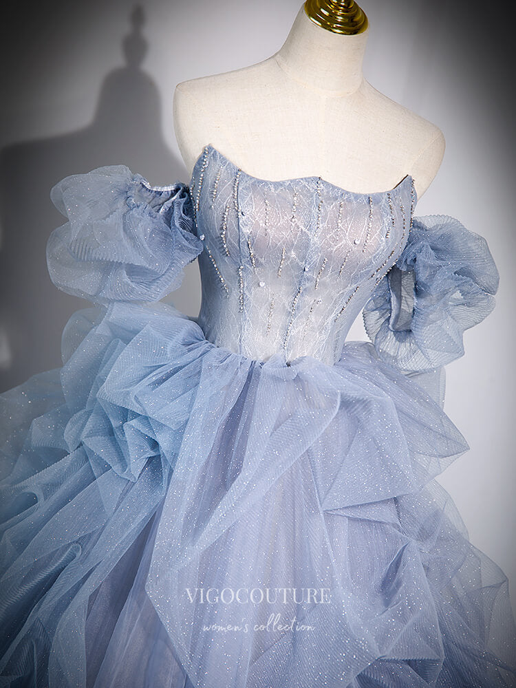 Prom Dress 2025 Dusty Blue Beaded Tulle Ruffled Prom Dresses Removable Puffed Sleeve Formal Gown 24414-unique elegant Prom Dresses-Dusty Blue-Custom Size-vigocouture