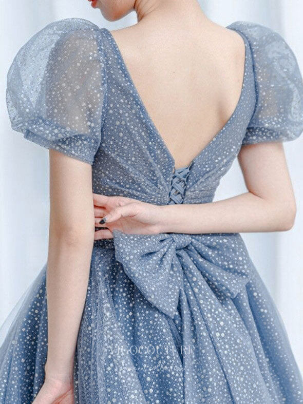 Dusty Blue Dotted Tulle Prom Dresses Puffed Sleeve Formal Dress 21835 Dusty Blue / 16W Dusty Blue Dotted Tulle Prom Dresses Puffed Sleeve Formal Dress 21835 Dusty Blue / 16W