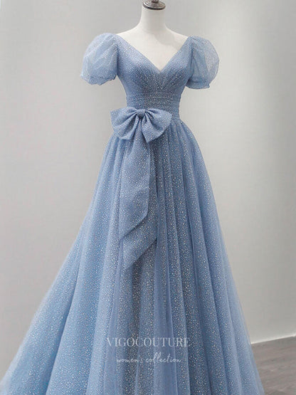 Dusty Blue Dotted Tulle Prom Dresses Puffed Sleeve Formal Dress 21835 Dusty Blue / 16W Dusty Blue Dotted Tulle Prom Dresses Puffed Sleeve Formal Dress 21835 Dusty Blue / 16W