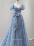 Dusty Blue Dotted Tulle Prom Dresses Puffed Sleeve Formal Dress 21835