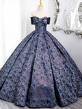 Dusty Blue Jacquard Prom Dresses with Bow, Corset Back, Off the Shoulder Quinceanera Dresses BG007