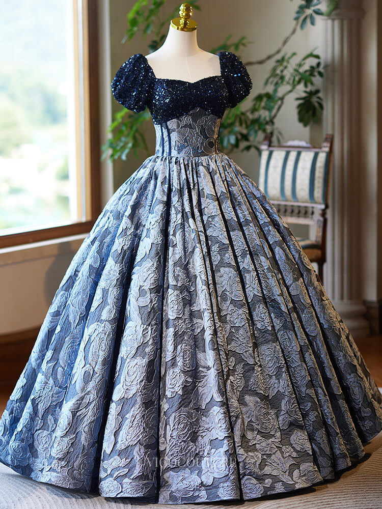 Prom Dresses 2025 to impress Dusty Blue Jacquard Prom Dresses with Puffed Sleeve, Sequin Bodice, Quinceanera Dresses BG022-vigocouture-vigocouture