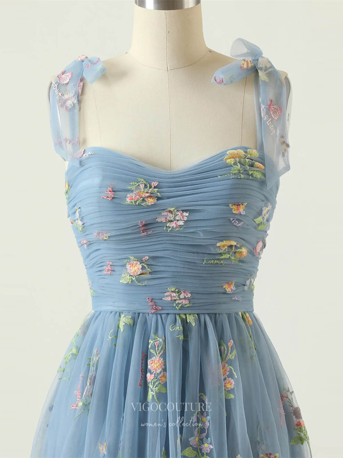 Dusty Blue Lace Applique Floral Prom Dresses Bow Tie Spaghetti Strap 2 vigocouture Dusty Blue Lace Applique Floral Prom Dresses Bow Tie Spaghetti Strap 2 vigocouture