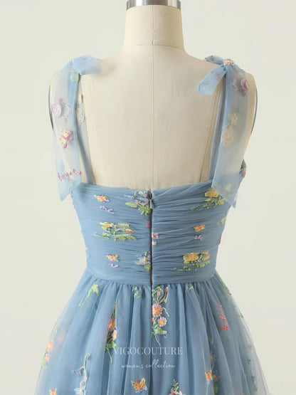 Prom Dress 2025 Dusty Blue Lace Applique Floral Prom Dresses Bow Tie Spaghetti Strap 24460-unique elegant Prom Dresses-Dusty Blue-Custom Size-vigocouture