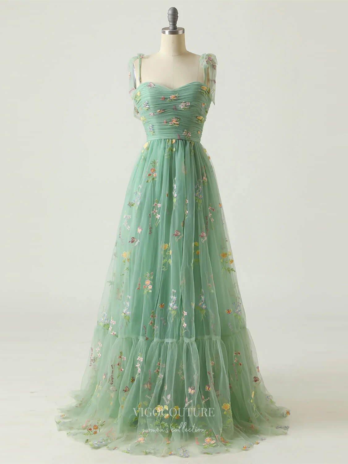 Prom Dress 2025 Dusty Blue Lace Applique Floral Prom Dresses Bow Tie Spaghetti Strap 24460-unique elegant Prom Dresses-Light Green-Custom Size-vigocouture