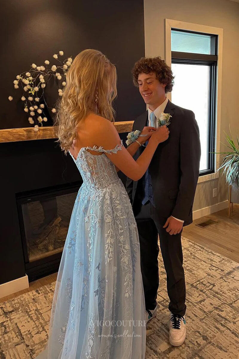 Prom Dress 2025 Dusty Blue Lace Applique Prom Dresses with Slit Sparkly Tulle Sheer Bodice 24298-unique elegant Prom Dresses-Dusty Blue-Custom Size-vigocouture