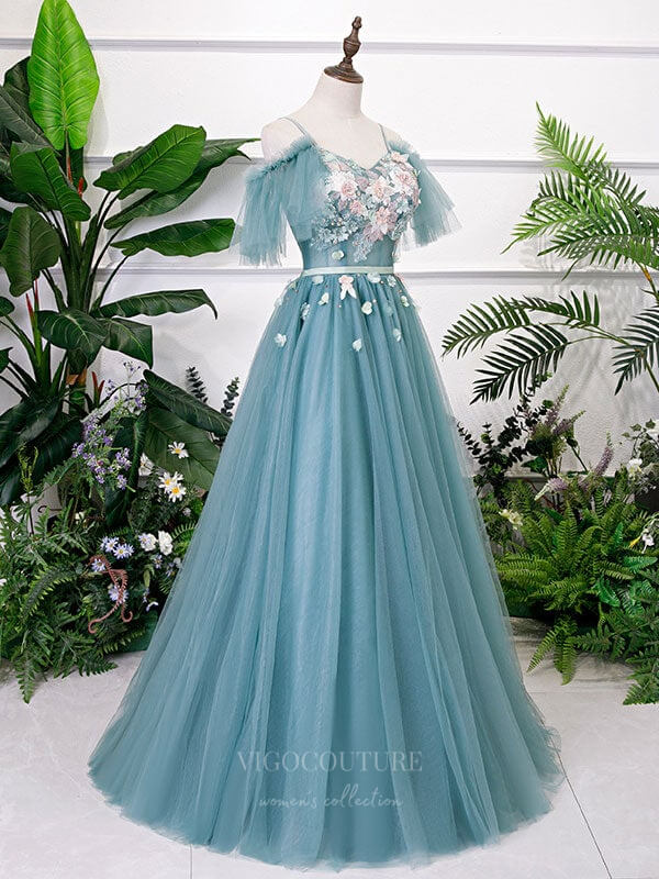 Prom Dress 2025 Dusty Blue Lace Applique Spaghetti Strap Prom Dress 20913-unique elegant Prom Dresses-Dusty Blue-Custom Size-vigocouture