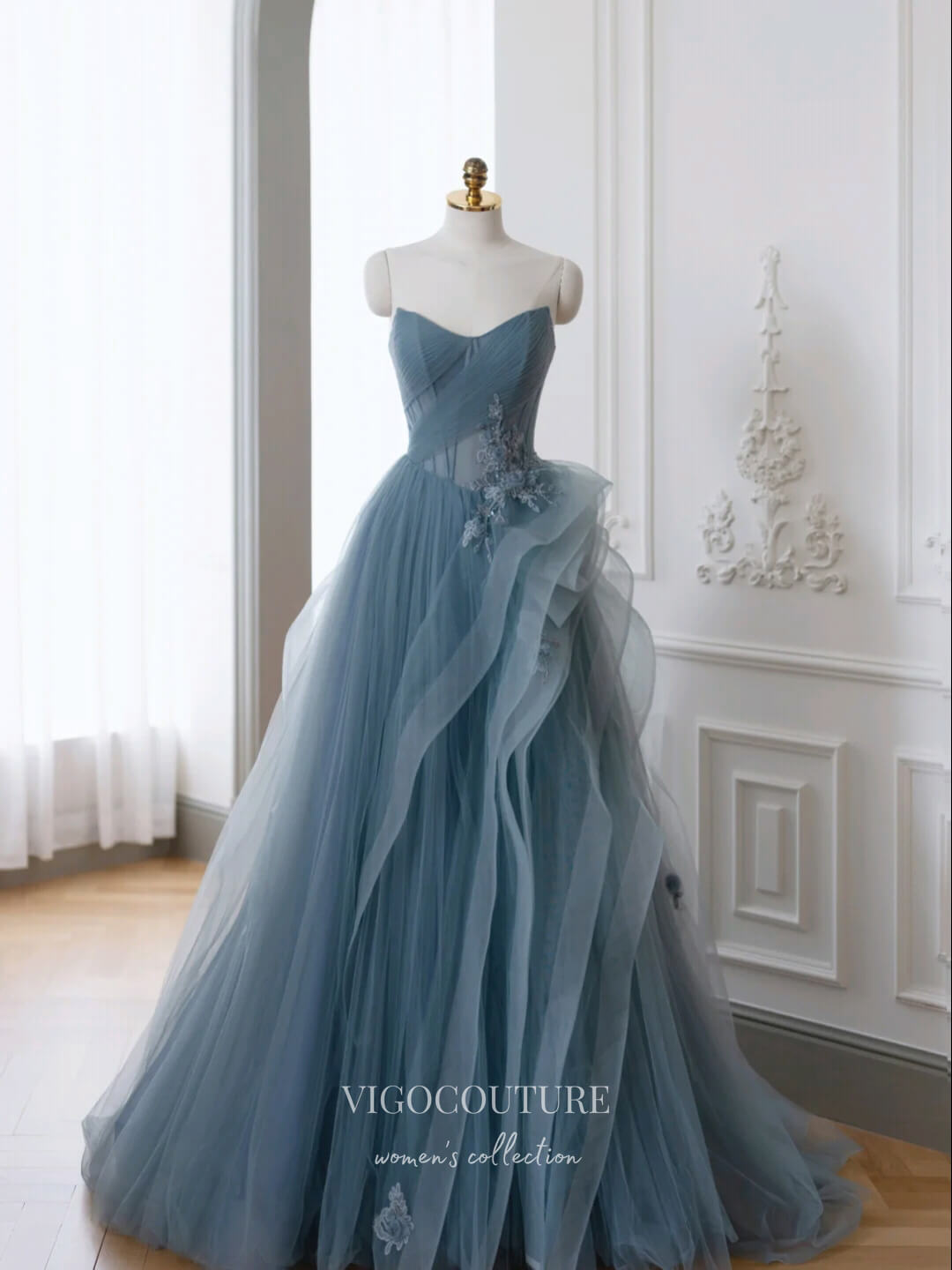 Dusty Blue Prom Dresses Tiered Lace Applique Formal Dresses 21174 Dusty Blue / US6 Dusty Blue Prom Dresses Tiered Lace Applique Formal Dresses 21174 Dusty Blue / US6